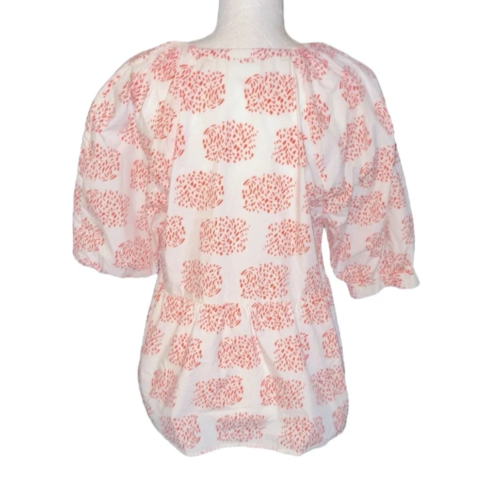 Anthropologie Moglea Danae White & Orange Puff Sleeve Babydoll Poplin Blouse - M